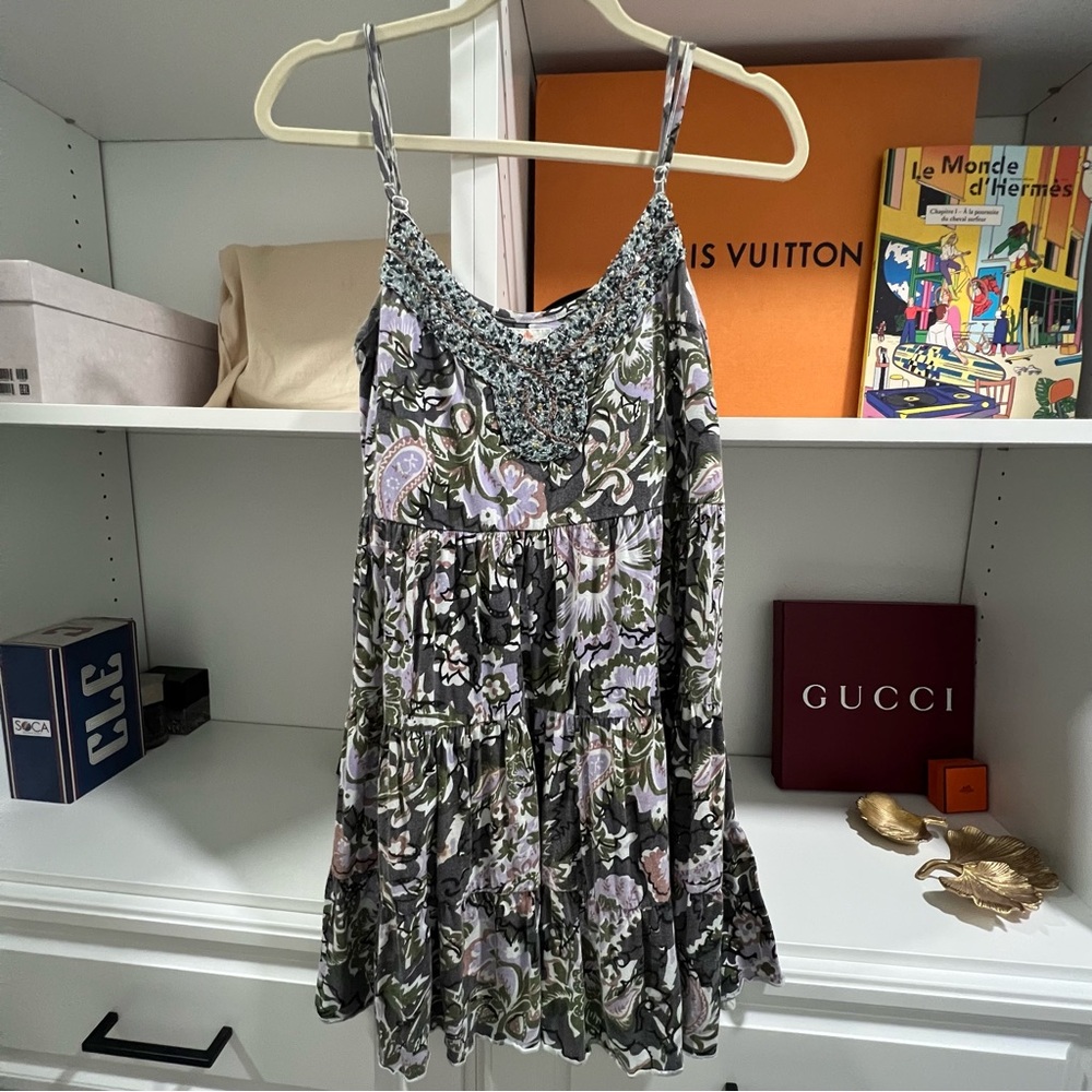 {Free People} Floral, Beaded Spaghetti Strap Dress